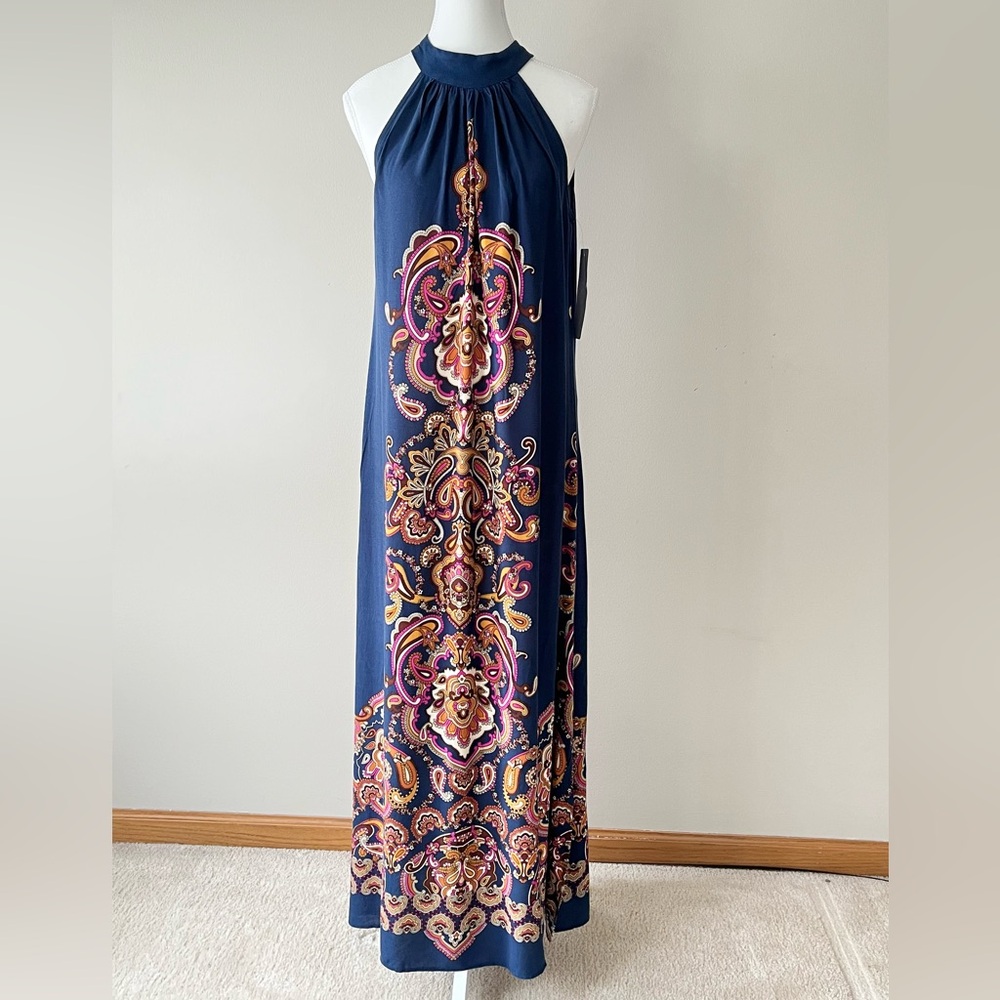 NWT - MSK Navy Blue Challis Printed Tied Halter Neck Stretch Maxi Dress